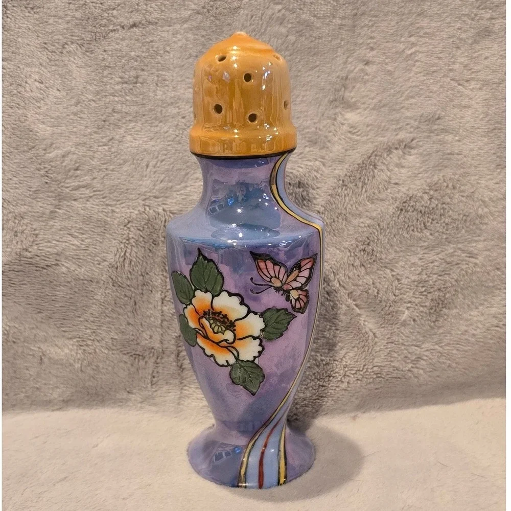 Vintage Japan Lusterware Sugar Shaker Iridescent Blue Floral Butterfly 6.75